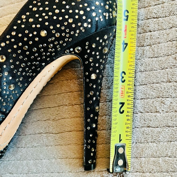 BCBGMAXAZARIA Black Satin & Champagne Rhinestone Round Toe 1"Platform Stilettos - Picture 6 of 9